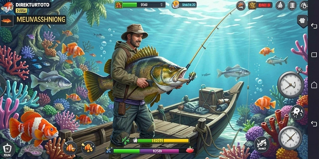 Gameplay seru dengan memancing di lautan yang indah.