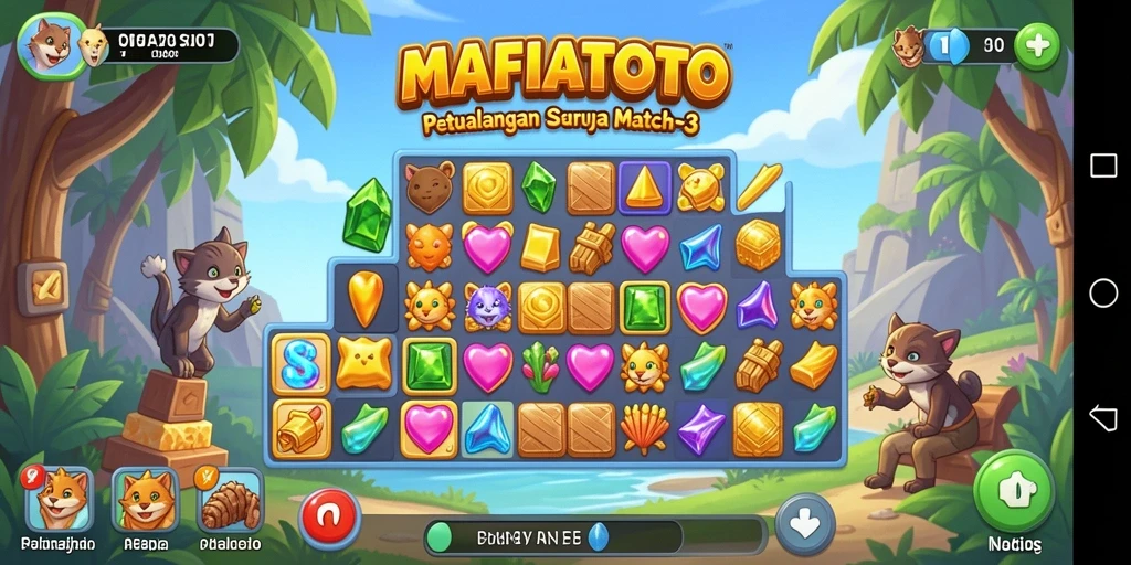 Screenshot MAFIATOTO menampilkan gameplay seru dengan match-3 yang penuh warna.